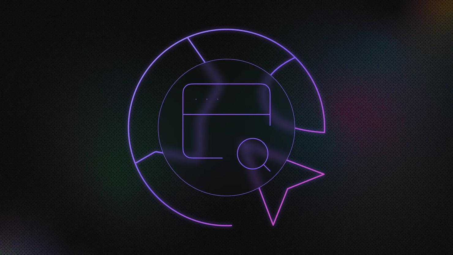 A browser icon with a looking glass, surrounded by a second circle that overlaps the top of a mouse pointer, all within an incomplete outer circle with three connecting lines.