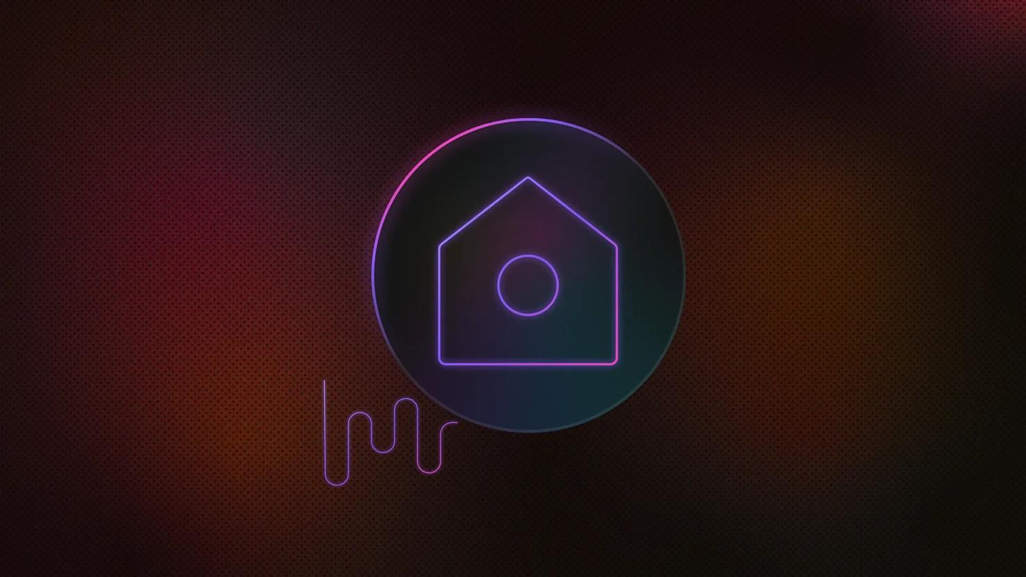 House inside a circle, with a single curved line radiating from the circle's lower left side.