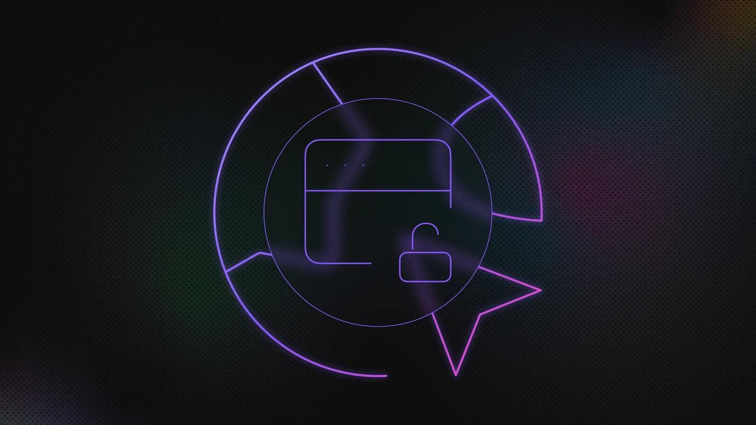 A browser icon with an open lock, surrounded by a second circle that overlaps the top of a mouse pointer, all within an incomplete outer circle with three connecting lines.