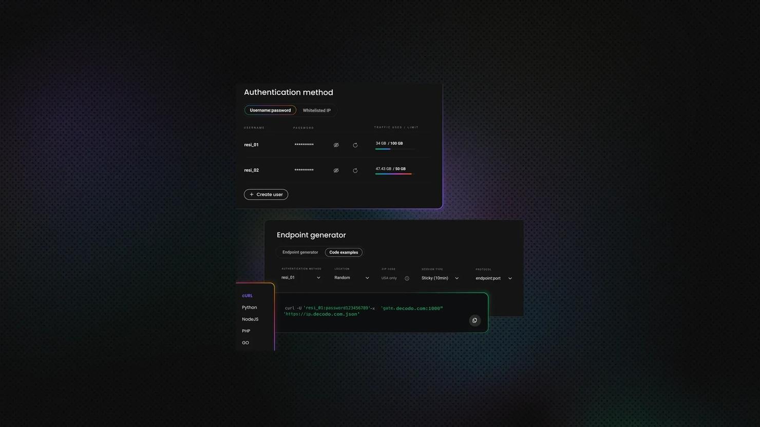 Two black dashboard windows. The one on top is titled "Authentication Method," and the one below it is titled "Endpoint Generator."