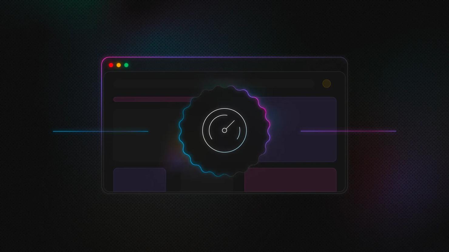 Web browser interface in the background with a speedometer centered inside a decorative curly circle