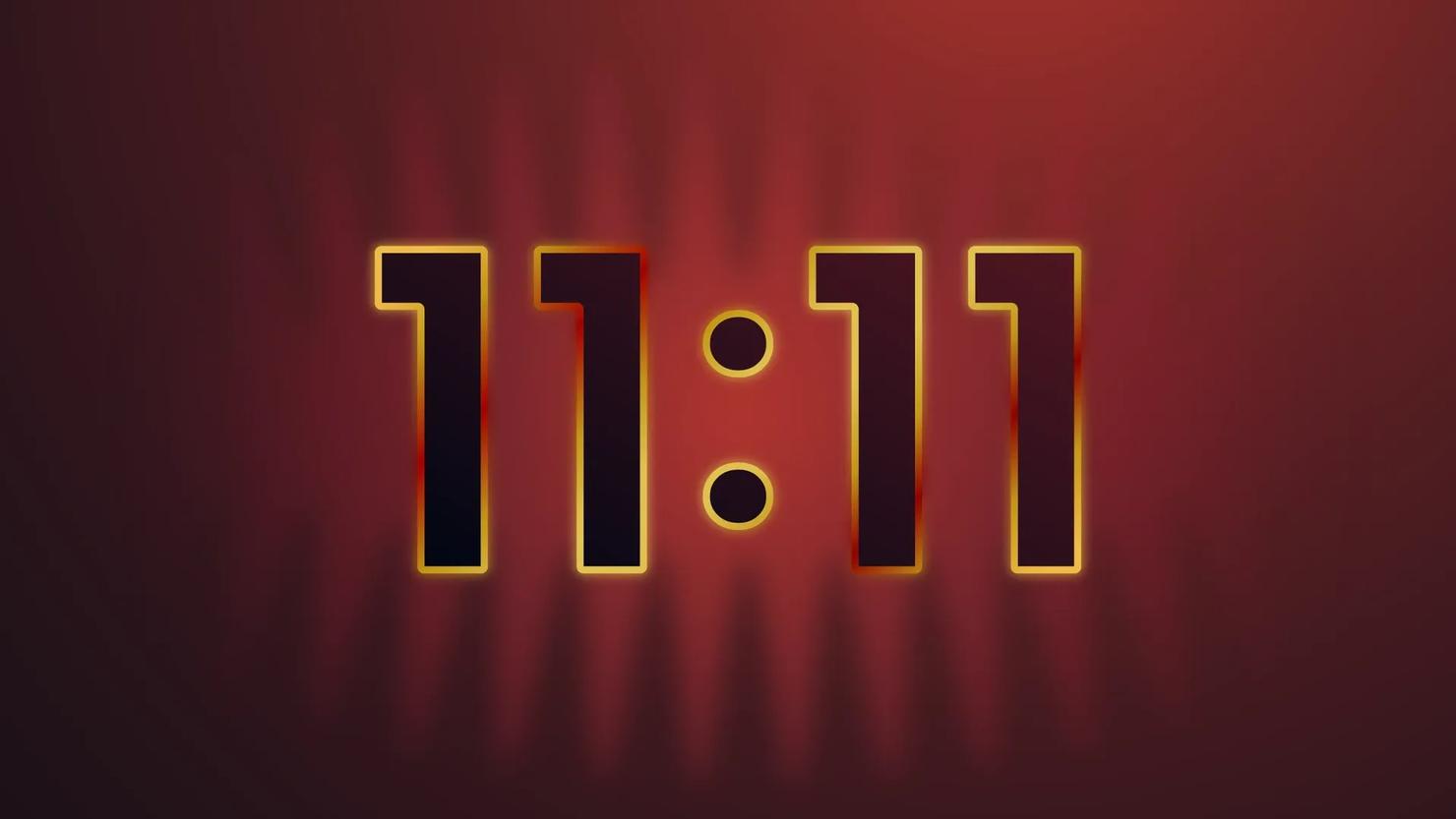 Golden numbers "11:11" glowing on a dark red background.
