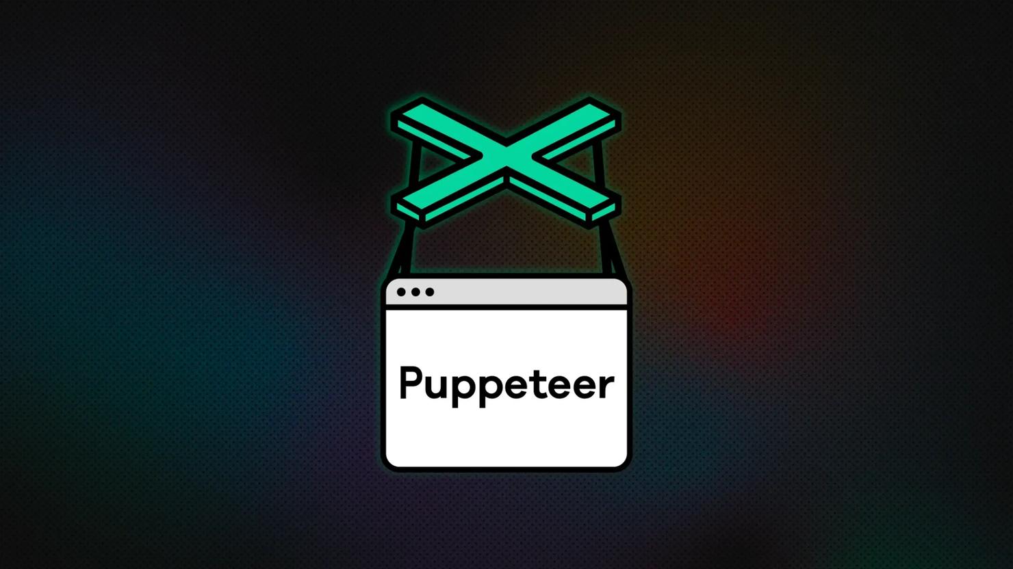Browser window labeled Puppeteer suspended by a marionette cross on a dark background
