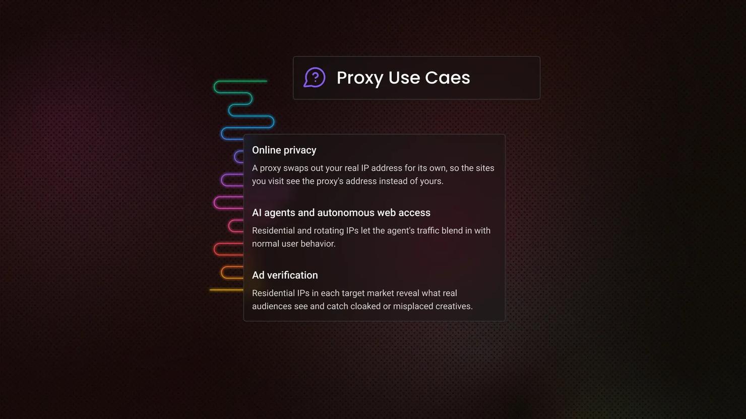 Illustration showing proxy use cases: online privacy, AI agents and autonomous web access, and ad verification