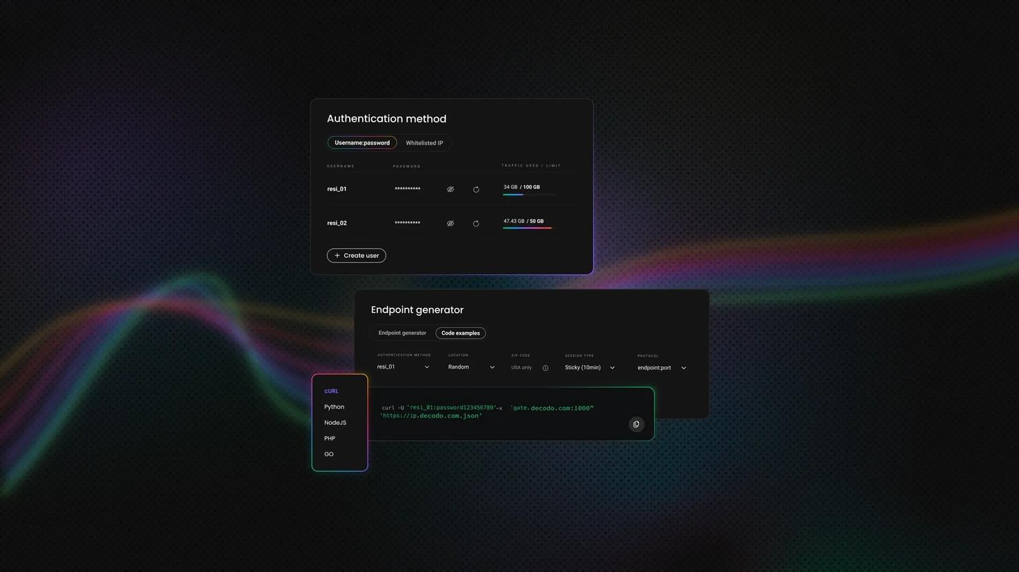 Two dark-themed application windows. One is titled "Authentication Method" and sother is titled "Endpoint Generator".