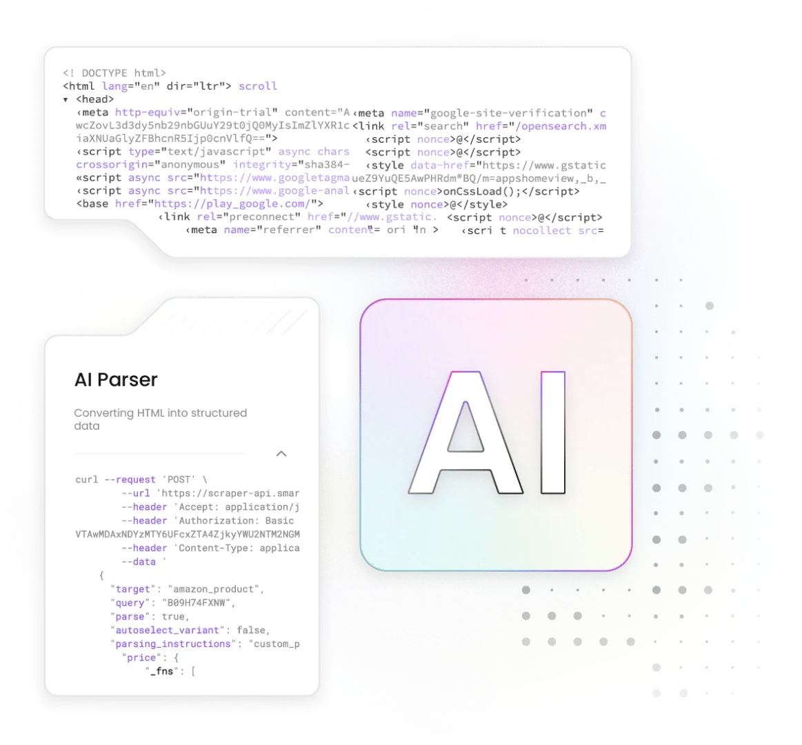 AI tile showing 'AI Parser' — 'Converting HTML into structured data', with HTML code snippet and curl request UI