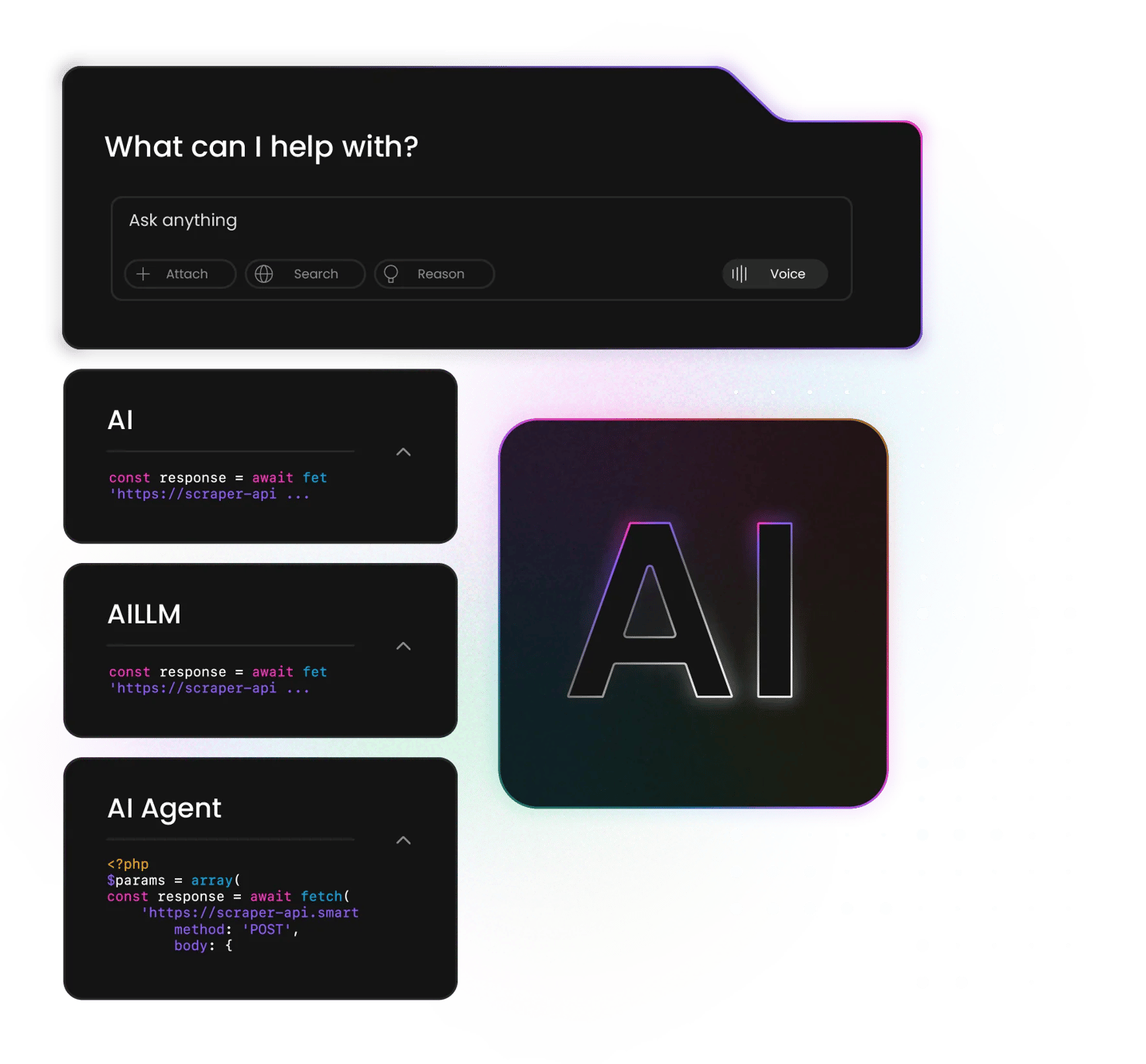 Chat prompt reading "What can I help with?" above AI code cards and a large "AI" logo on a dark gradient panel