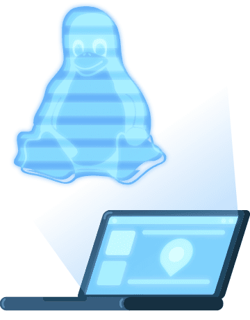 Blue holographic penguin hovering above an open laptop displaying a map-pin icon and dashboard UI