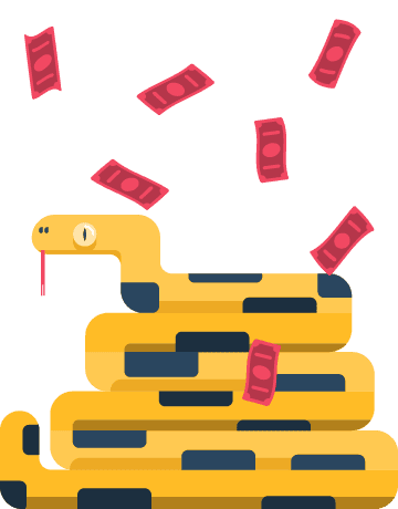 Coiled yellow snake sticking out tongue as red banknotes fall around on white background