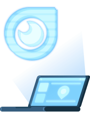 Laptop projecting Decodo droplet logo onto light gradient background