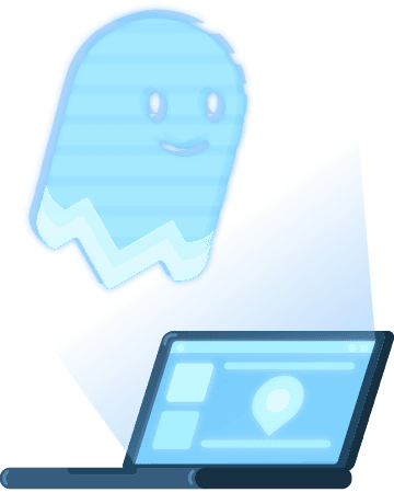 blue translucent ghost hovering as a hologram above an open laptop showing a map-pin UI on a white background