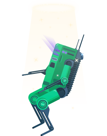 green robotic walker launching upward with purple thruster glow into a pale spotlight with small star sparkles