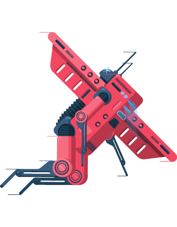 red robotic mech folding its legs on a white background