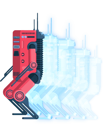 red robotic walker striding forward with multiple translucent motion-ghosts on a white background