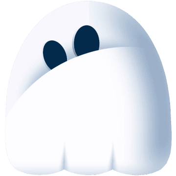 Decodo ghost mascot peeking with two dark oval eyes from behind a curved white fold