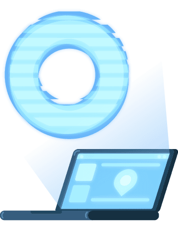 Blue circular ring hovering above a laptop displaying a UI with a location pin icon on a white background