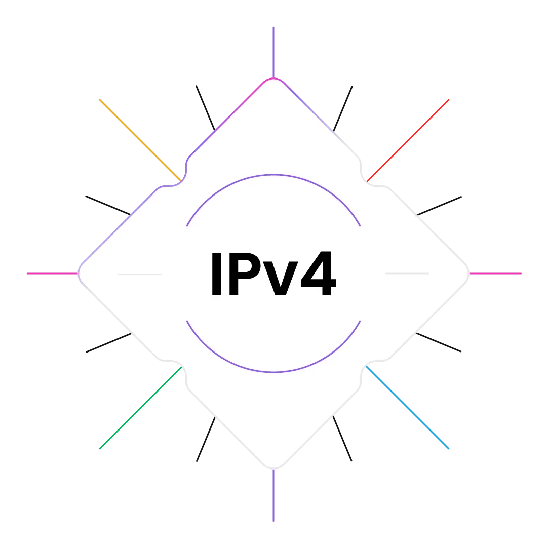 IPv4 centered inside a rounded diamond badge with purple inner ring and multicolored radial lines on white background