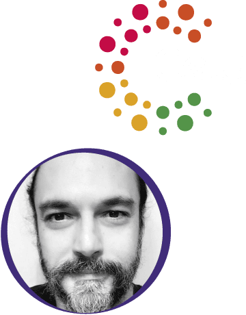 Bearded man looking at camera in black-and-white circular portrait with purple ring beneath Decodo dotted 'C' logo on white