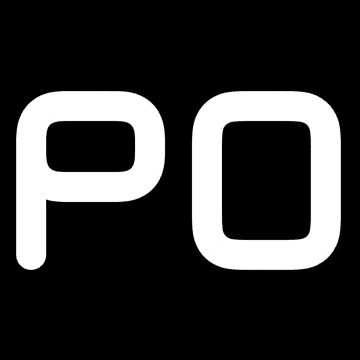 White PO letters centered on solid black background