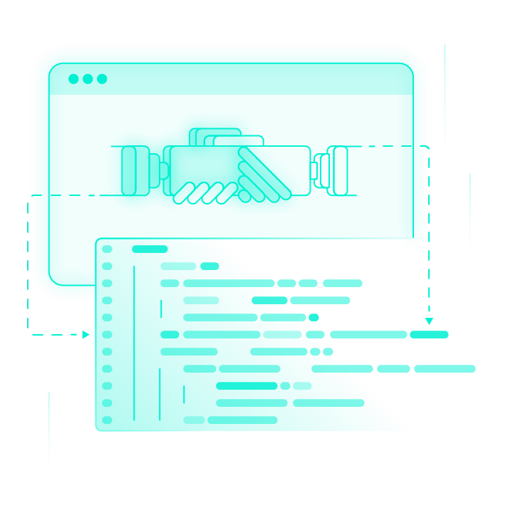 Robotic handshake connecting devices within a browser window above a flowing code editor, dashed arrows indicating data flow