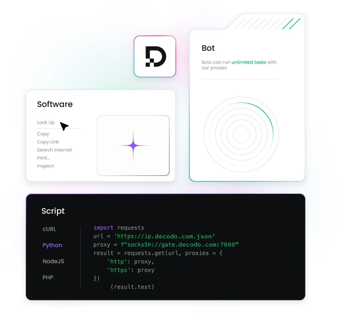 Decodo logo centered, with Bot card 'Bots can run unlimited tasks with our proxies' and a Script panel showing Python code