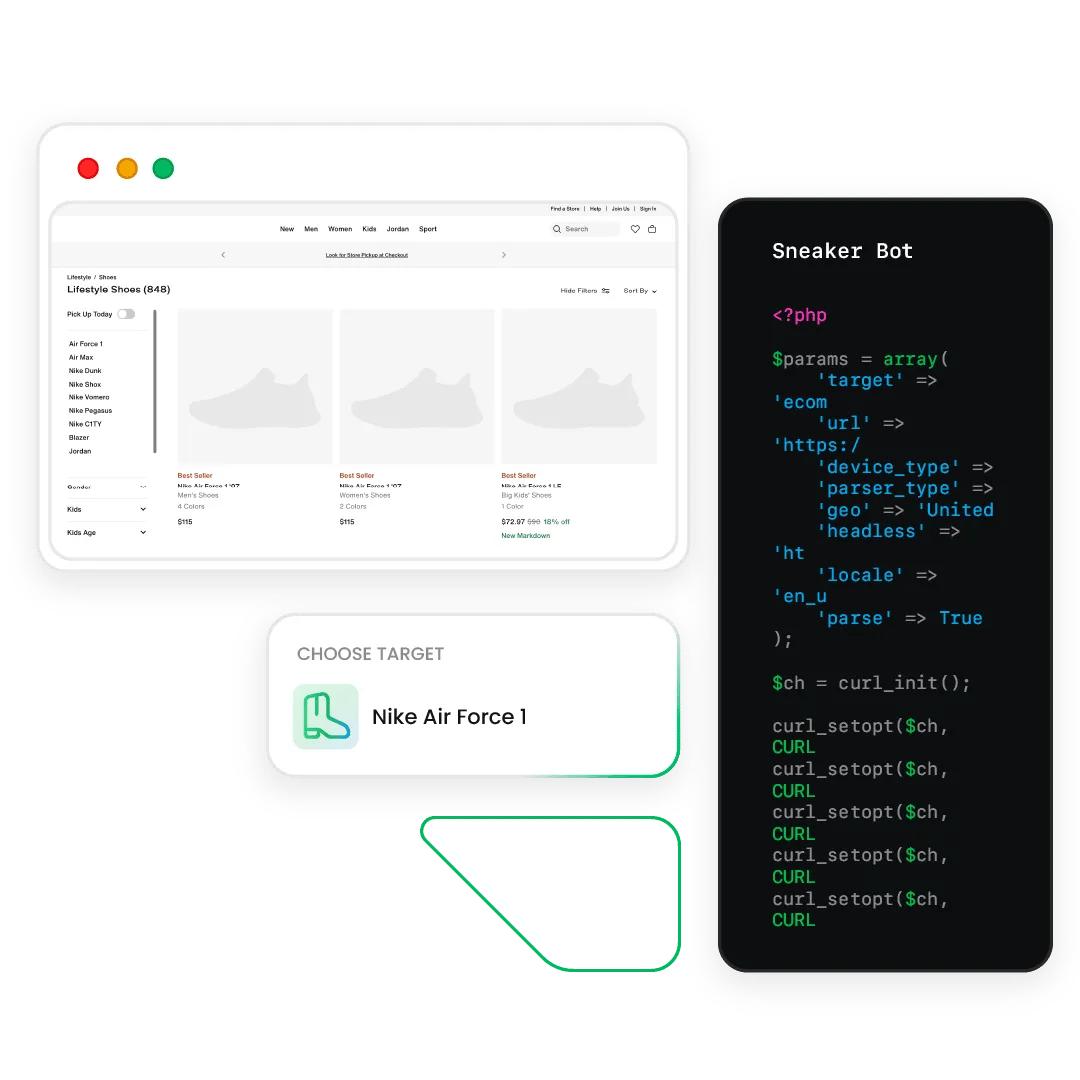 Nike Air Force 1 target card labeled 'CHOOSE TARGET', selected beside an ecommerce grid and 'Sneaker Bot' PHP code panel