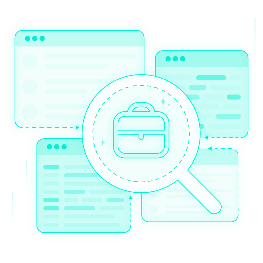 Magnifying glass highlighting briefcase icon over four browser windows with code-style lines and listings