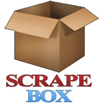 Open cardboard box above text SCRAPE BOX on white background