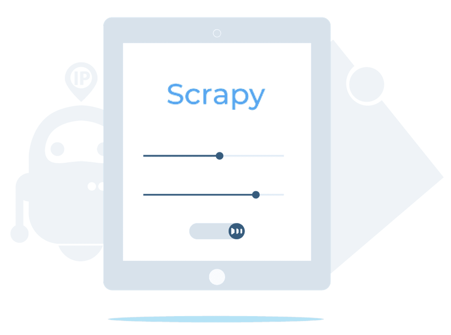 Tablet displaying Scrapy with two sliders and a play toggle, over faint robot and IP pin background