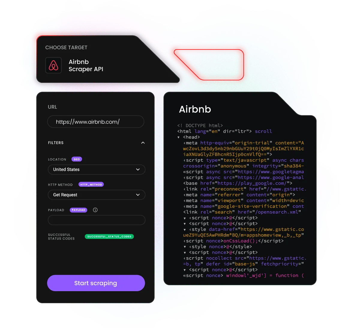 Airbnb scraper UI selecting https://www.airbnb.com/ with HTML code preview in dark-themed web scraping dashboard