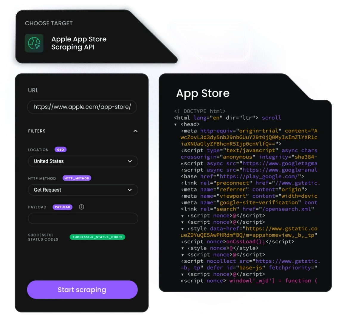 Apple App Store Scraping API selecting https://www.apple.com/app-store/ with Start scraping button and App Store HTML code