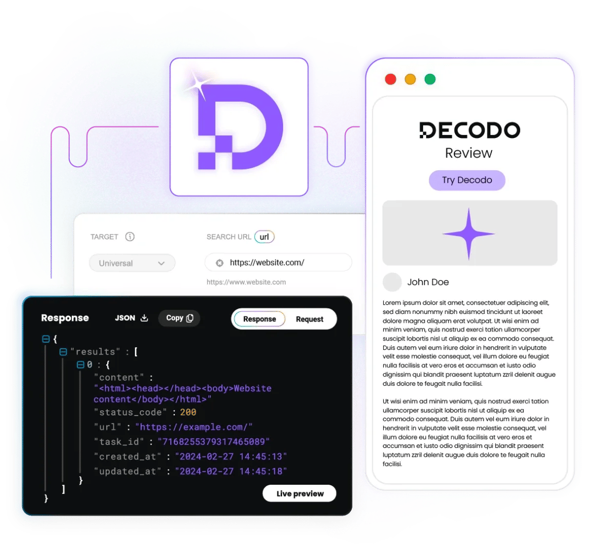 Decodo logo above a JSON response showing status_code: 200, alongside a mobile mockup titled DECODO Review with 'Try Decodo'