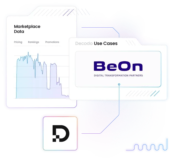 BeOn logo on card labeled 'Decodo Use Cases' beside a 'Marketplace Data' chart labeled 'Pricing Rankings Promotions'