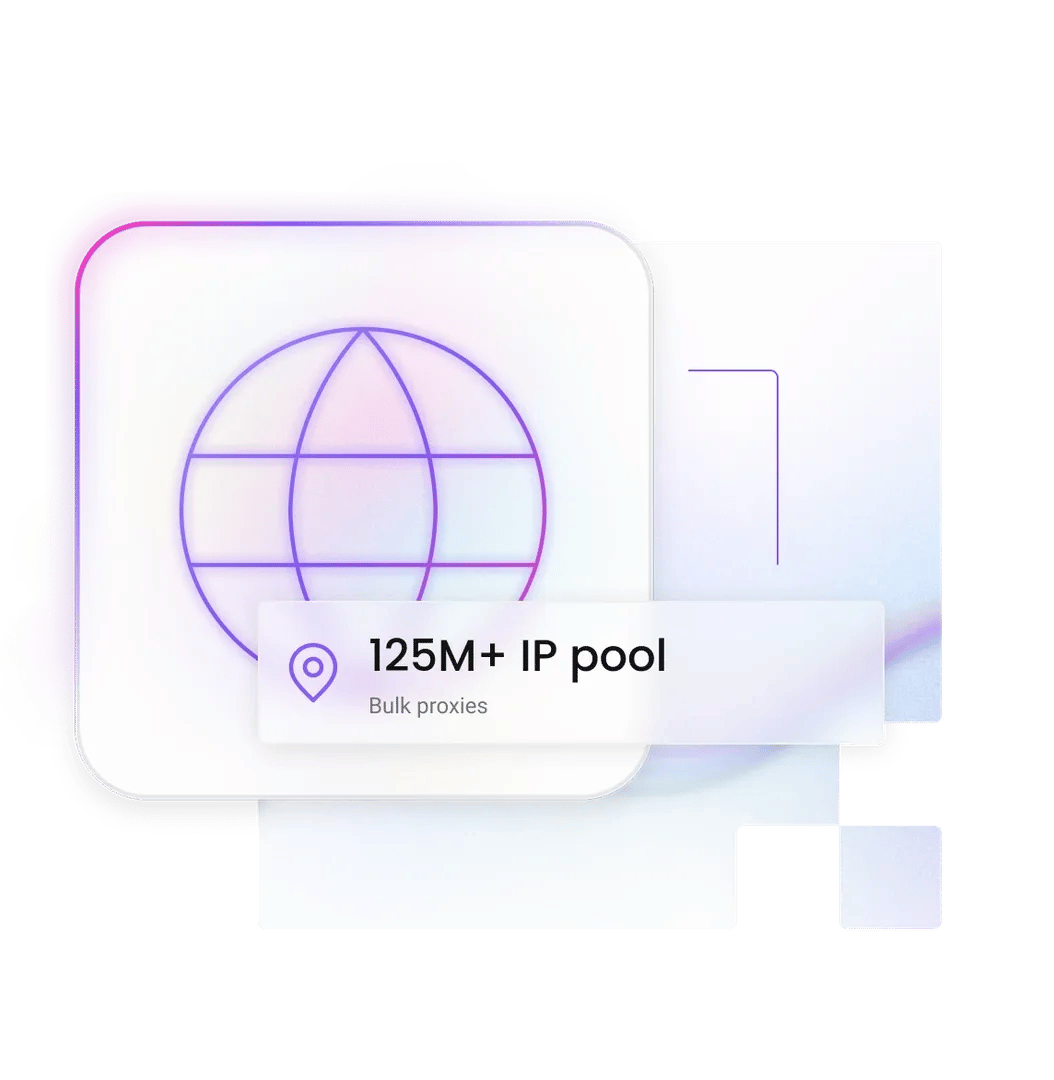 Globe icon overlaid with card reading '125M+ IP pool' and 'Bulk proxies' on pastel gradient background