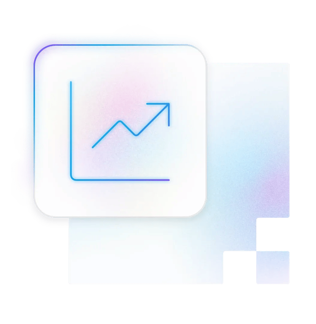 White rounded tile showing blue upward-trending line chart and arrow over pastel gradient blocks