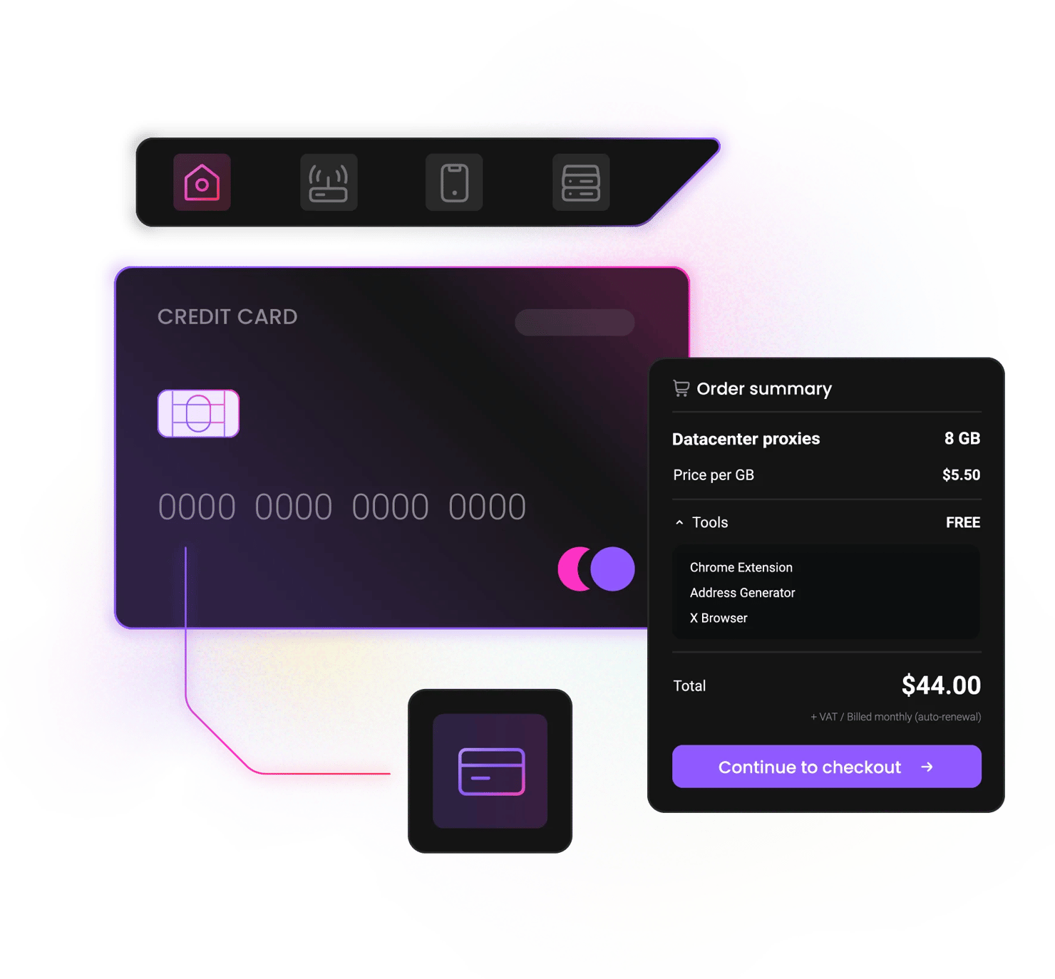 Credit card labeled CREDIT CARD with placeholder zeros, linked to Order summary: Datacenter proxies 8 GB, Total $44.00