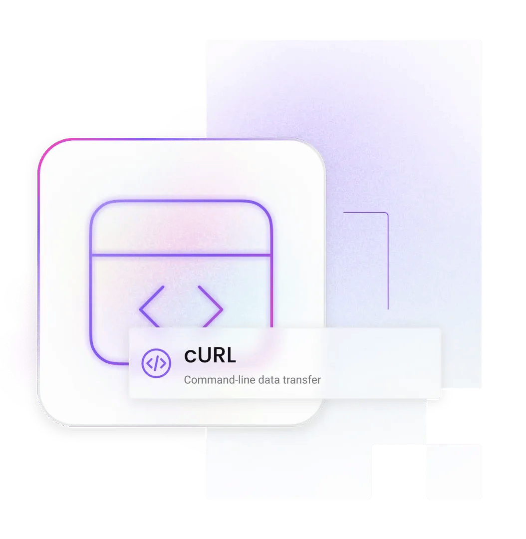 cURL badge displaying Command-line data transfer on a stylized purple gradient UI card with code icon