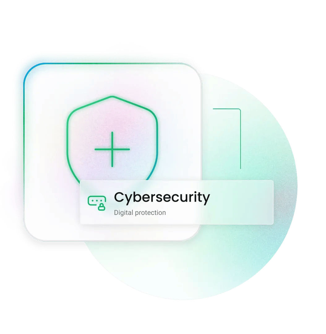 Shield outline with plus displaying 'Cybersecurity' and 'Digital protection' on soft green gradient card background