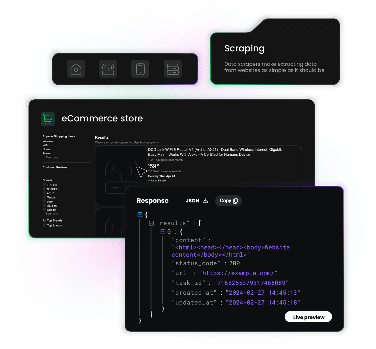JSON response showing "status_code": 200 and "url":"https://example.com/" over eCommerce store and Scraping panel
