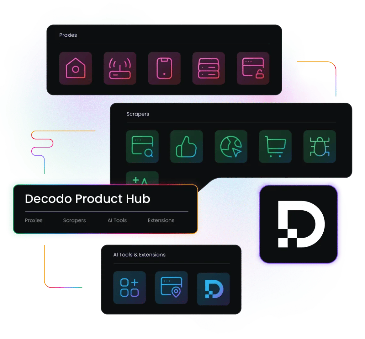 Decodo Product Hub displaying icons in dark UI panels labeled Proxies, Scrapers, AI Tools, Extensions, with Decodo logo
