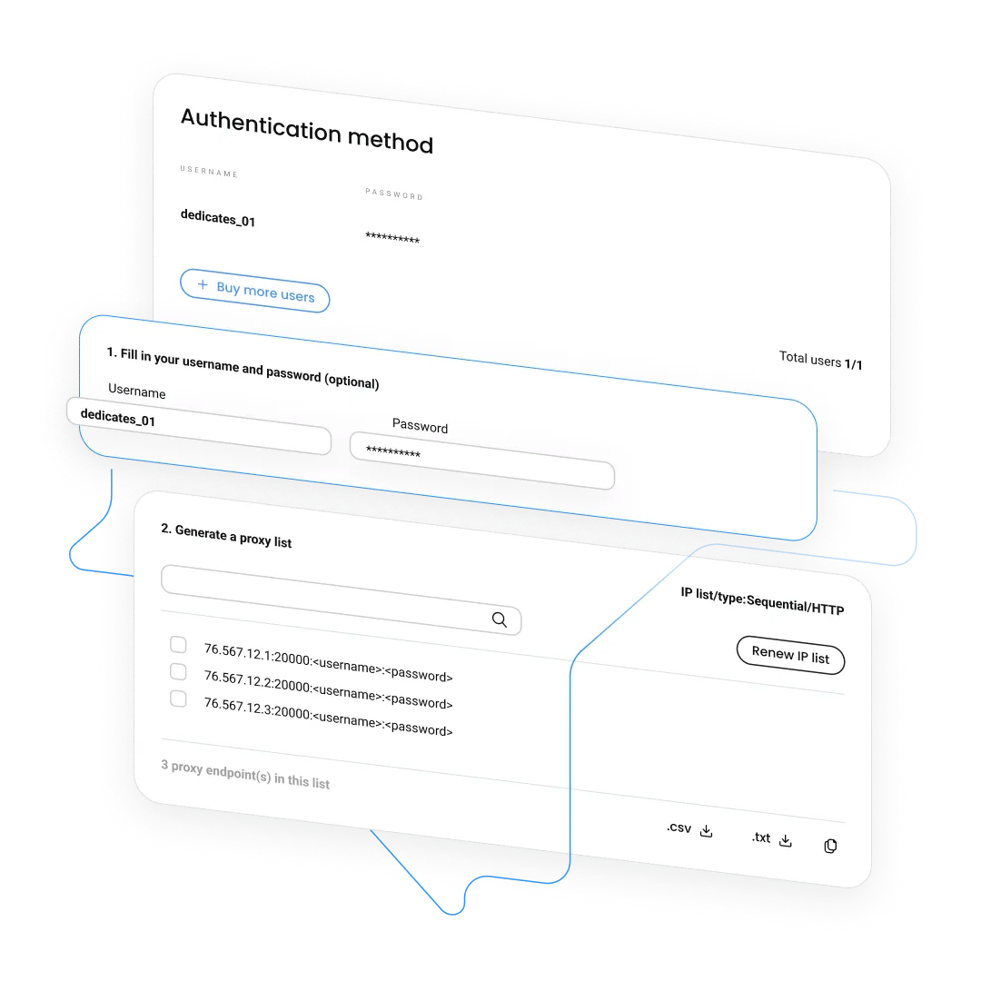 Authentication method: dedicates_01 and ********; proxy generator listing endpoints and IP list/type:Sequential/HTTP