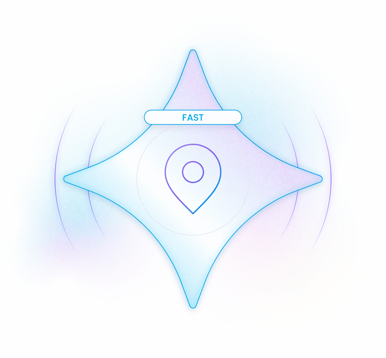 Map pin icon marking location centered in glowing four-point diamond with FAST label and radiating rings
