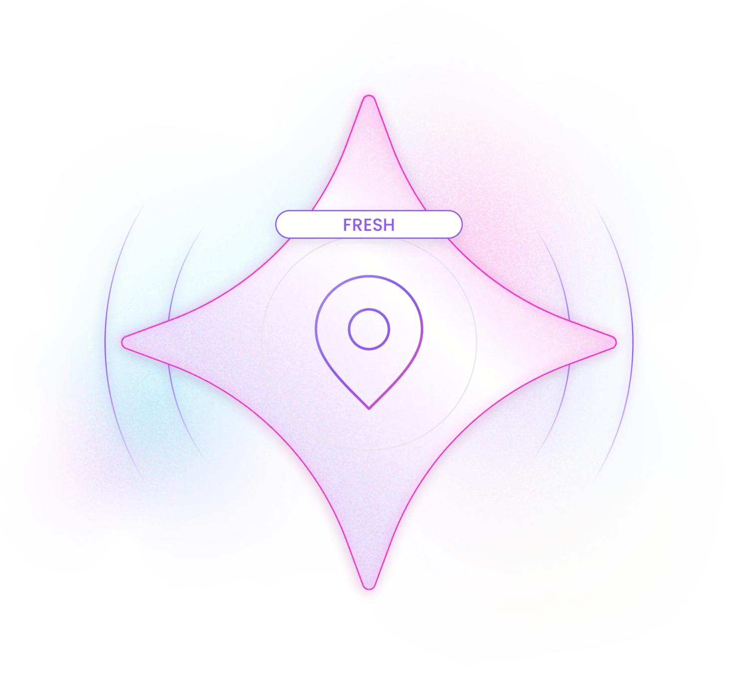 Location pin centered inside glowing four-pointed diamond with FRESH label above on pink-blue gradient background