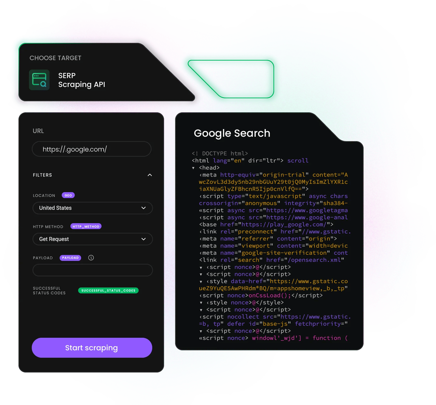 SERP Scraping API UI showing 'Google Search' HTML code, URL https://google.com/ and 'Start scraping' button on dark UI