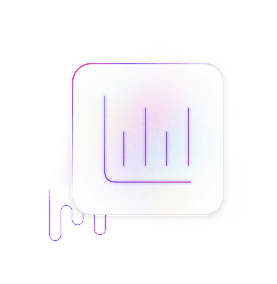 Rounded white tile displaying neon gradient bar chart lines, with dripping neon accents on white background.