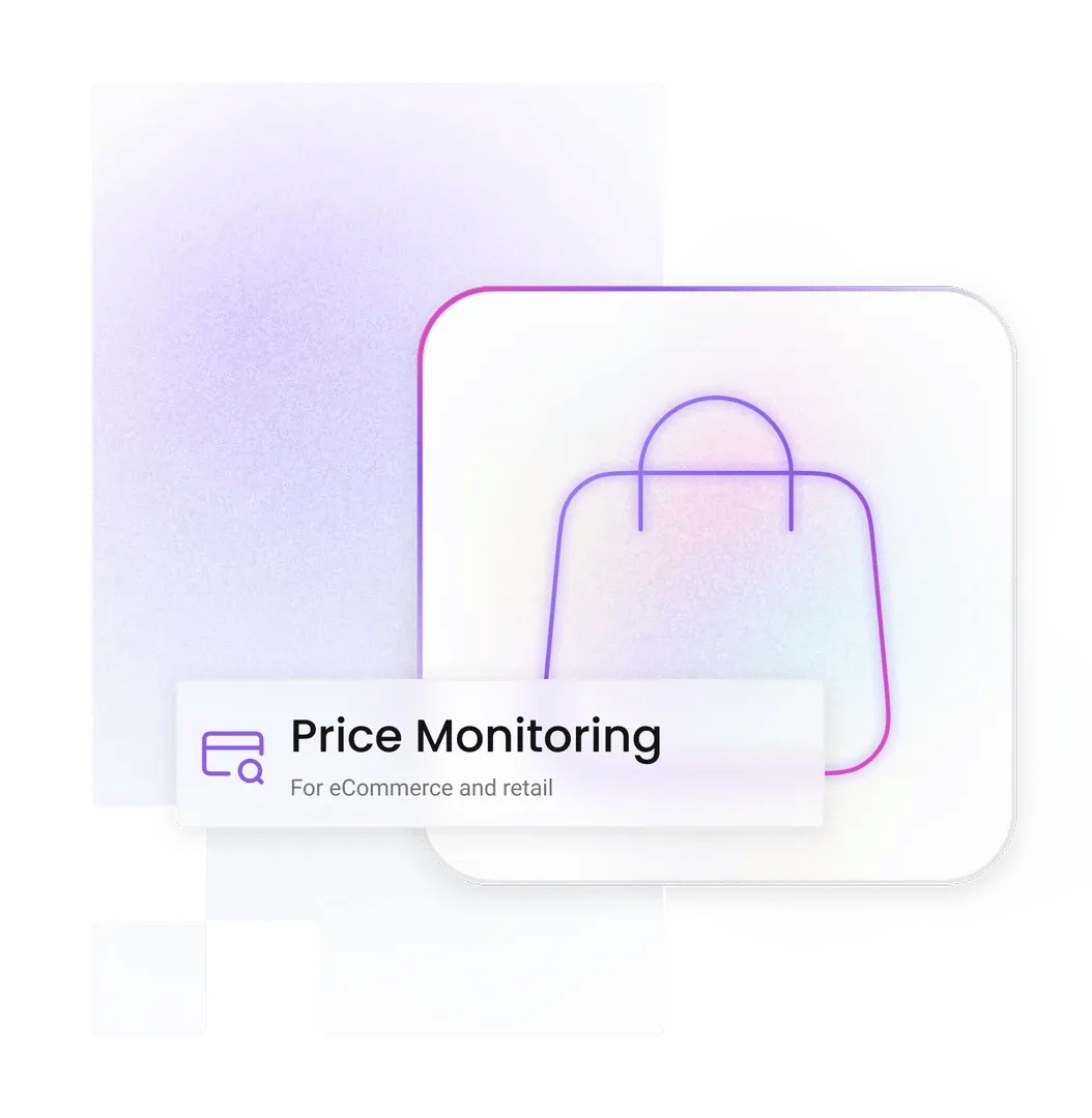 Price Monitoring card displaying 'For eCommerce and retail' with purple shopping-bag outline on purple gradient background