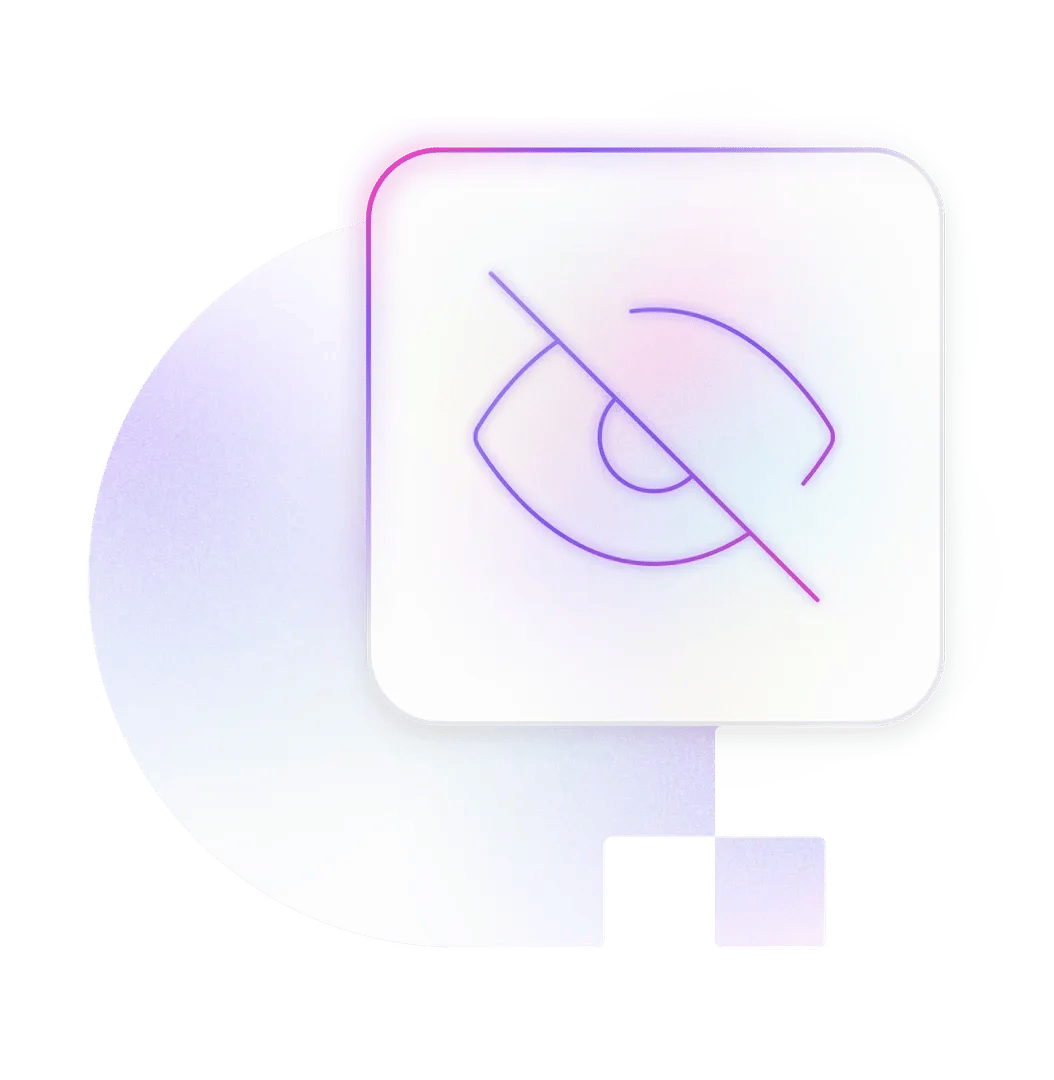 Eye icon crossed out indicating hidden, on a rounded square with pastel purple-pink gradient over a soft circular background