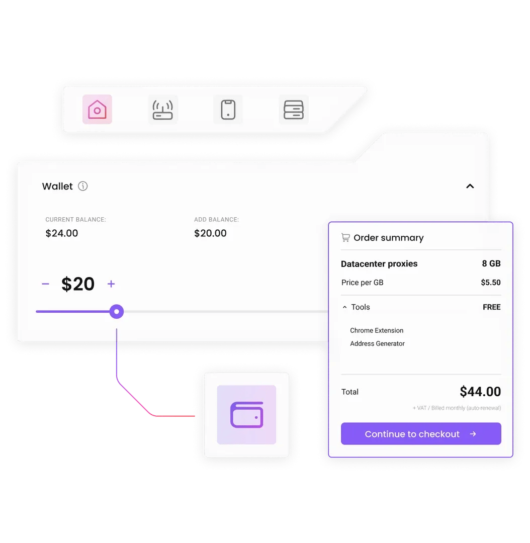 Wallet showing CURRENT BALANCE: $24.00 and ADD BALANCE: $20.00, with Order summary Datacenter proxies 8 GB Total $44.00