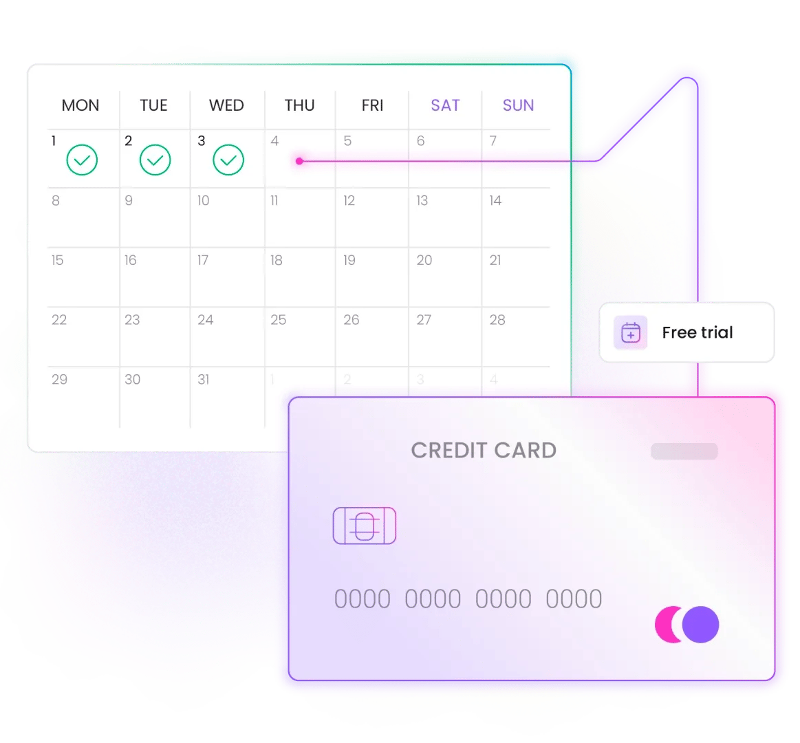 Credit card labeled 'CREDIT CARD' linked to calendar with checked days and 'Free trial' tag