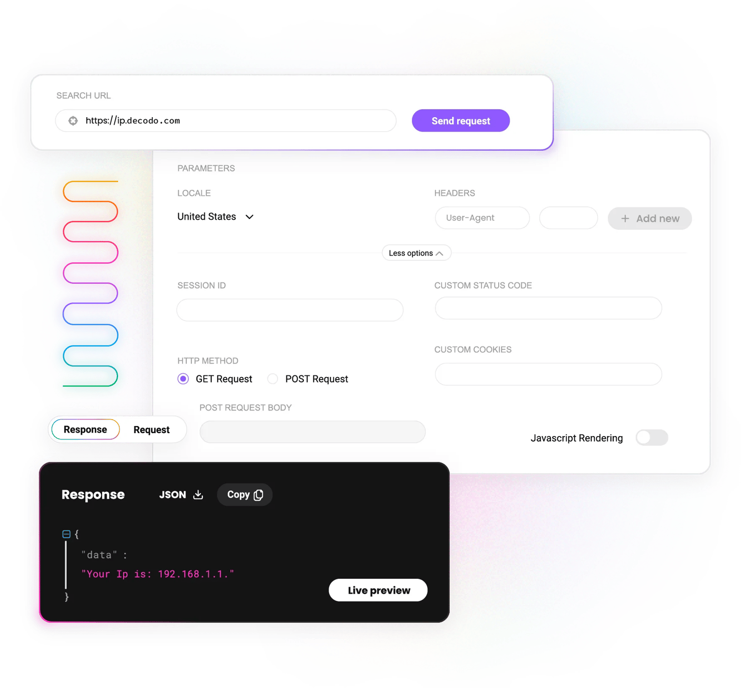 Response panel showing JSON "Your Ip is: 192.168.1.1." within proxy request UI with search URL https://ip.decodo.com